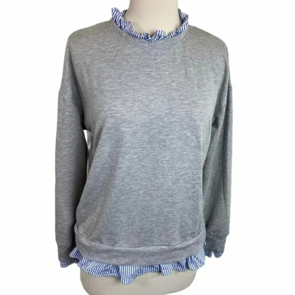 Olivia Warren Sweatshirt Sz M Gray Blue Striped Ruffle Trim Mixed Media Pullover
